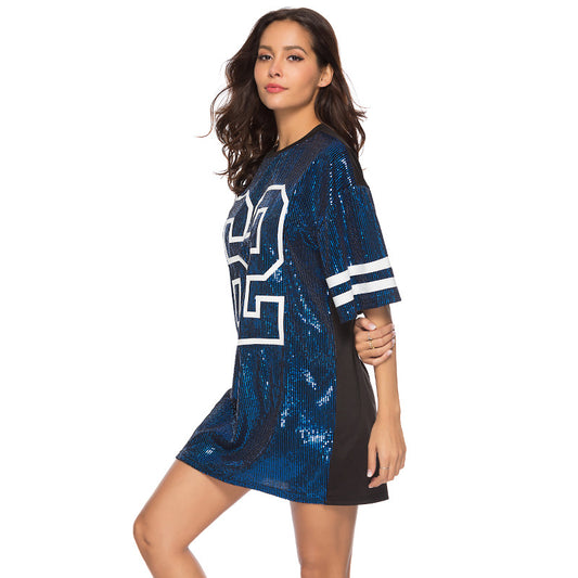 Women Mid-Length Digital Printed Loose T-shirt Sequ Dress