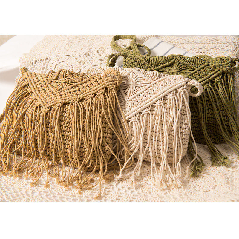 Simple Tassel Crossbody Straw Bag Retro One Shoulder Cotton Thread Woven Bag Summer Beach Bag