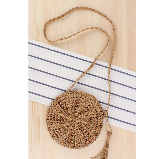 Simple round Tassel Women Crossbody Straw Bag Handmade Shoulder Woven Bag Summer Beach Bag