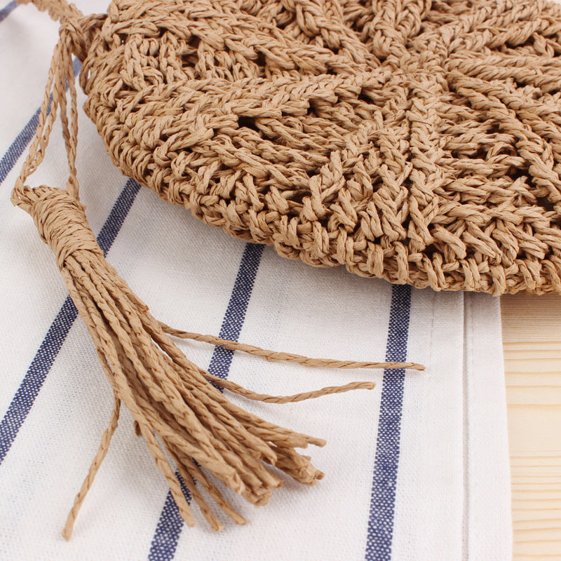 Simple round Tassel Women Crossbody Straw Bag Handmade Shoulder Woven Bag Summer Beach Bag