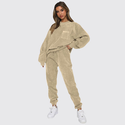 Autumn Winter Corduroy Solid Color round Neck Pullover Long Sleeve Two Piece Set Smart Trousers Suit Women - Wanita Store