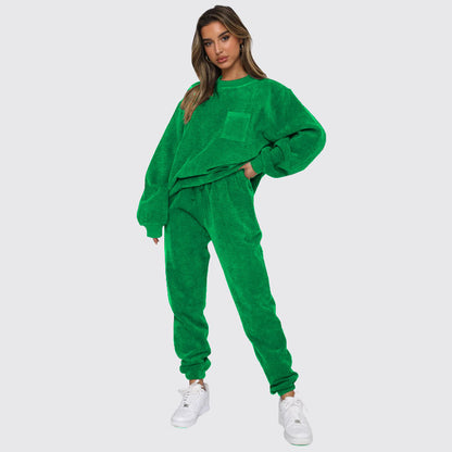 Autumn Winter Corduroy Solid Color round Neck Pullover Long Sleeve Two Piece Set Smart Trousers Suit Women - Wanita Store