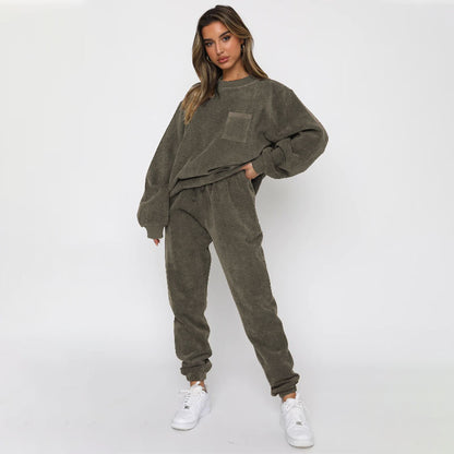 Autumn Winter Corduroy Solid Color round Neck Pullover Long Sleeve Two Piece Set Smart Trousers Suit Women - Wanita Store