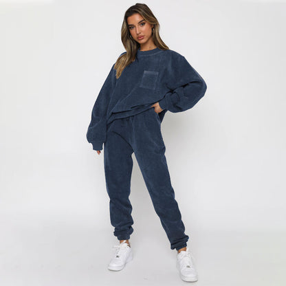 Autumn Winter Corduroy Solid Color round Neck Pullover Long Sleeve Two Piece Set Smart Trousers Suit Women - Wanita Store