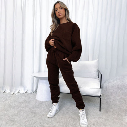 Autumn Winter Corduroy Solid Color round Neck Pullover Long Sleeve Two Piece Set Smart Trousers Suit Women - Wanita Store