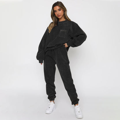 Autumn Winter Corduroy Solid Color round Neck Pullover Long Sleeve Two Piece Set Smart Trousers Suit Women - Wanita Store