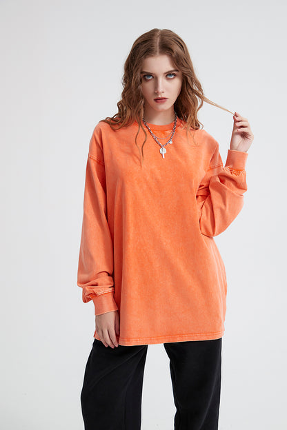 Wax Dye Long Sleeved T Autumn Winter Solid Color Washed Sweatshirt - Wanita Store