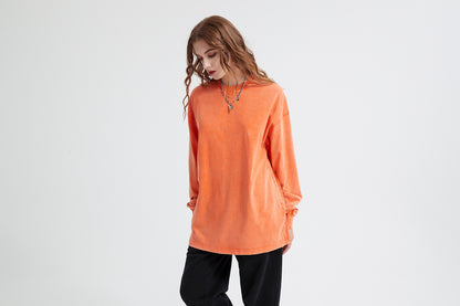 Wax Dye Long Sleeved T Autumn Winter Solid Color Washed Sweatshirt - Wanita Store