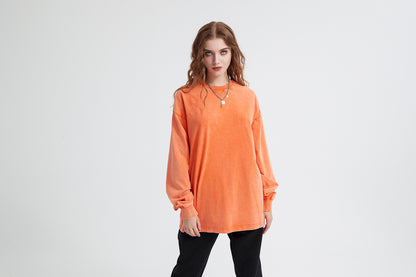 Wax Dye Long Sleeved T Autumn Winter Solid Color Washed Sweatshirt - Wanita Store