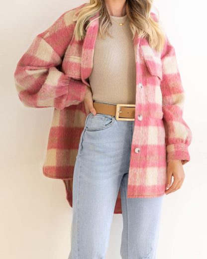 Winter Women Clothing Plaid Large Pocket Coarse Wool Coat - Wanita Store
