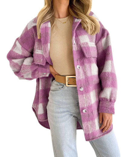 Winter Women Clothing Plaid Large Pocket Coarse Wool Coat - Wanita Store