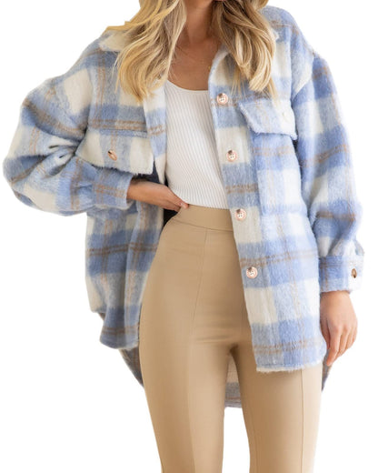 Winter Women Clothing Plaid Large Pocket Coarse Wool Coat - Wanita Store