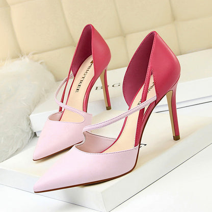 Sweet High Heels Women High Heel Low Cut Pointed Toe Colorblock Hollow Out Cutout out Strap Skinny Shoes - Wanita Store