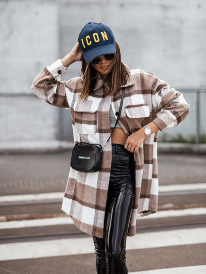New Mid Length Plaid Printed Coat - Wanita Store