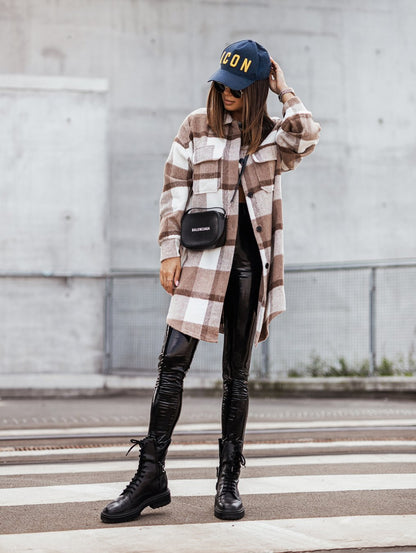 New Mid Length Plaid Printed Coat - Wanita Store
