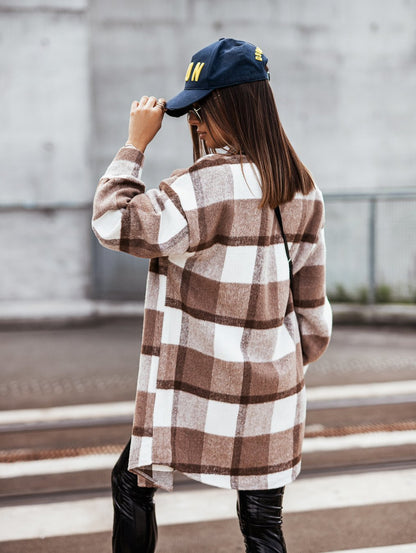 New Mid Length Plaid Printed Coat - Wanita Store