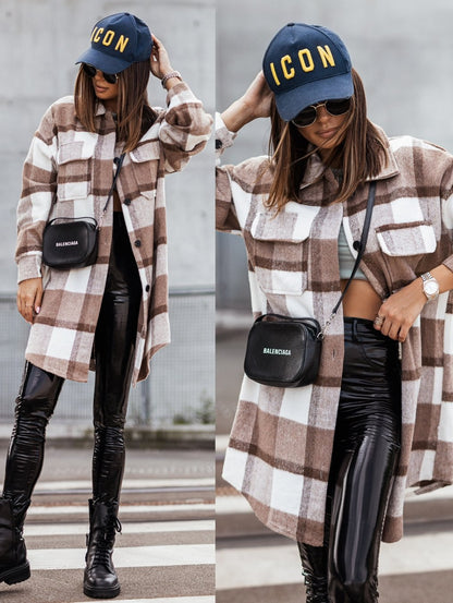 New Mid Length Plaid Printed Coat - Wanita Store