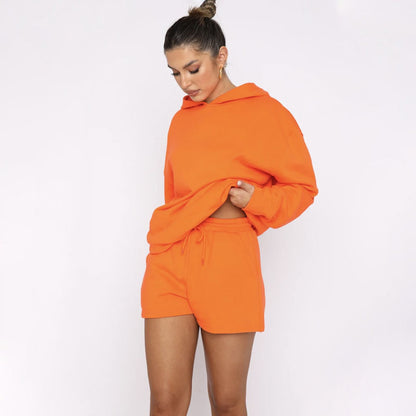Autumn Winter Solid Color Pullover Hooded Long Sleeves Sweaters Women Clothing Casual Shorts Suit - Wanita Store