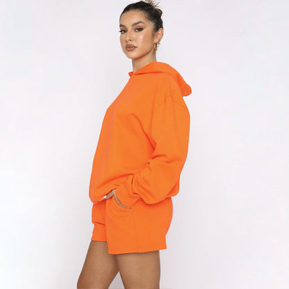 Autumn Winter Solid Color Pullover Hooded Long Sleeves Sweaters Women Clothing Casual Shorts Suit - Wanita Store