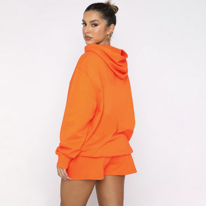 Autumn Winter Solid Color Pullover Hooded Long Sleeves Sweaters Women Clothing Casual Shorts Suit - Wanita Store