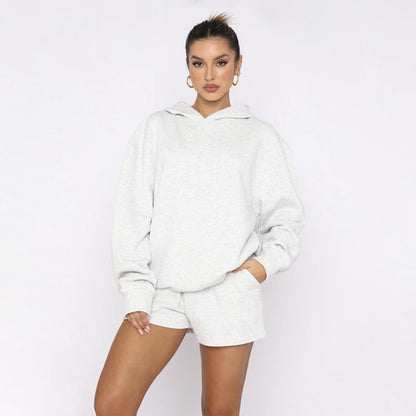 Autumn Winter Solid Color Pullover Hooded Long Sleeves Sweaters Women Clothing Casual Shorts Suit - Wanita Store