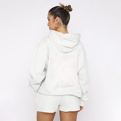 Autumn Winter Solid Color Pullover Hooded Long Sleeves Sweaters Women Clothing Casual Shorts Suit - Wanita Store