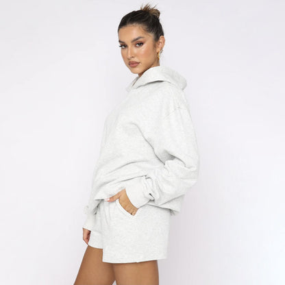 Autumn Winter Solid Color Pullover Hooded Long Sleeves Sweaters Women Clothing Casual Shorts Suit - Wanita Store