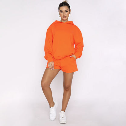 Autumn Winter Solid Color Pullover Hooded Long Sleeves Sweaters Women Clothing Casual Shorts Suit - Wanita Store