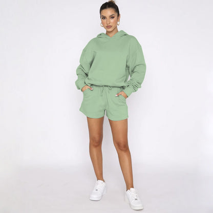 Autumn Winter Solid Color Pullover Hooded Long Sleeves Sweaters Women Clothing Casual Shorts Suit - Wanita Store