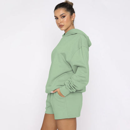 Autumn Winter Solid Color Pullover Hooded Long Sleeves Sweaters Women Clothing Casual Shorts Suit - Wanita Store