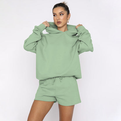 Autumn Winter Solid Color Pullover Hooded Long Sleeves Sweaters Women Clothing Casual Shorts Suit - Wanita Store
