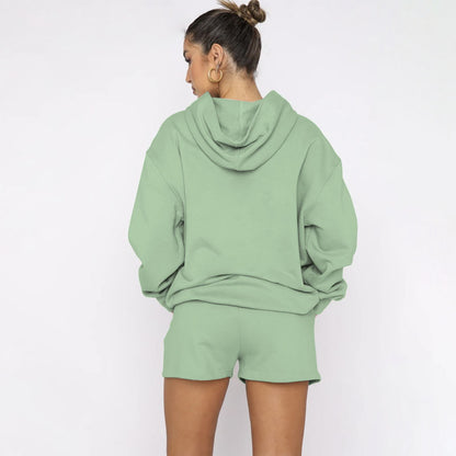 Autumn Winter Solid Color Pullover Hooded Long Sleeves Sweaters Women Clothing Casual Shorts Suit - Wanita Store