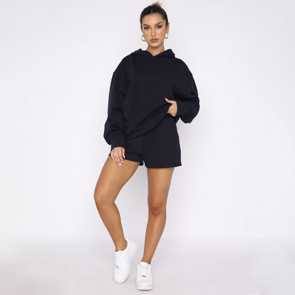 Autumn Winter Solid Color Pullover Hooded Long Sleeves Sweaters Women Clothing Casual Shorts Suit - Wanita Store