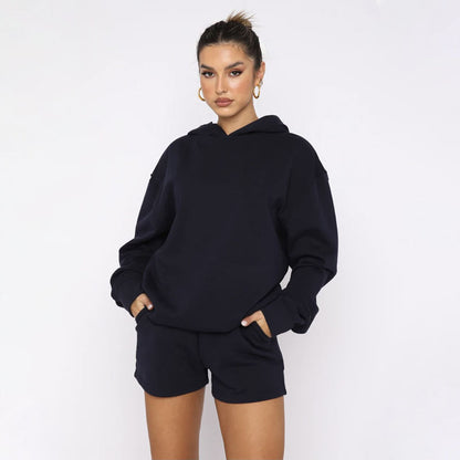 Autumn Winter Solid Color Pullover Hooded Long Sleeves Sweaters Women Clothing Casual Shorts Suit - Wanita Store