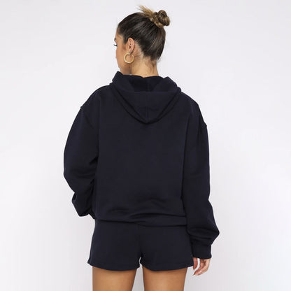 Autumn Winter Solid Color Pullover Hooded Long Sleeves Sweaters Women Clothing Casual Shorts Suit - Wanita Store
