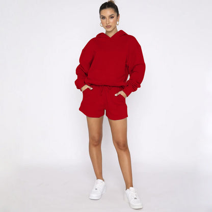 Autumn Winter Solid Color Pullover Hooded Long Sleeves Sweaters Women Clothing Casual Shorts Suit - Wanita Store