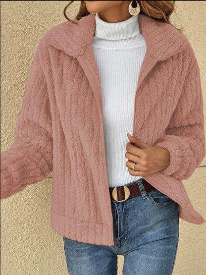 Women Clothing Autumn Winter Sunken Stripe Velvet Collared Short Coat Outerwear - Wanita Store