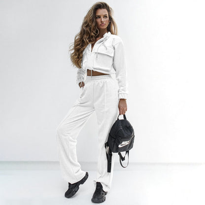 Autumn Winter Solid Color Zipper Double Bag Drawstring Long Sleeve Top Casual Trousers Suit Women - Wanita Store
