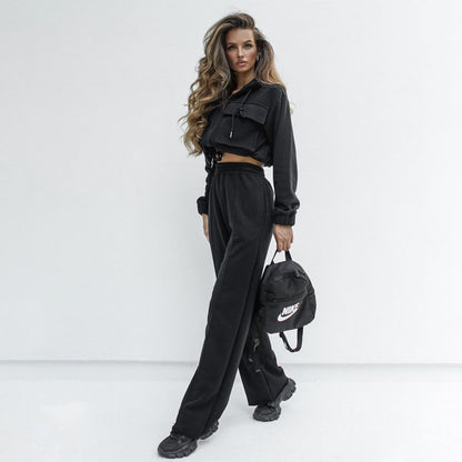 Autumn Winter Solid Color Zipper Double Bag Drawstring Long Sleeve Top Casual Trousers Suit Women - Wanita Store