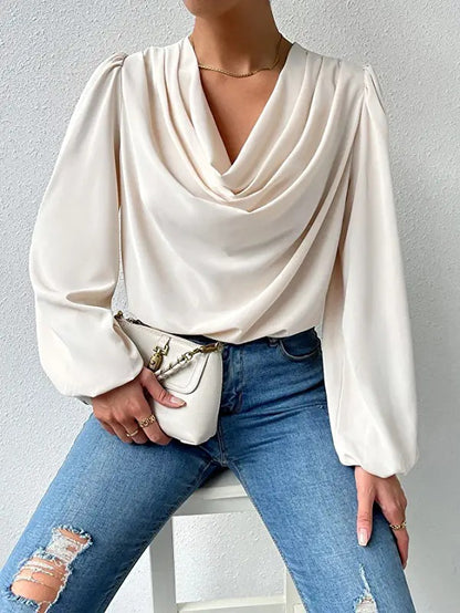 Long Sleeved Shirt Loose Draped V neck Top T shirt Women Clothing - Wanita Store