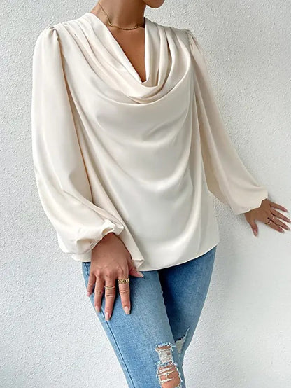 Long Sleeved Shirt Loose Draped V neck Top T shirt Women Clothing - Wanita Store