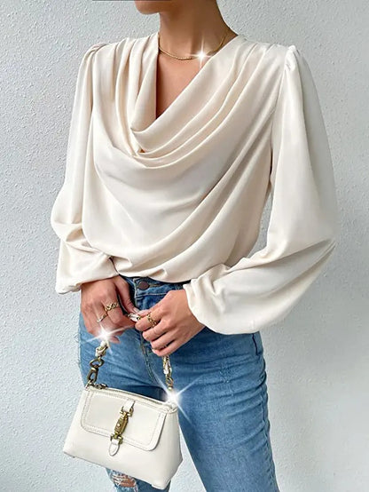 Long Sleeved Shirt Loose Draped V neck Top T shirt Women Clothing - Wanita Store