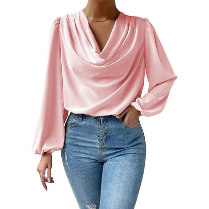Long Sleeved Shirt Loose Draped V neck Top T shirt Women Clothing - Wanita Store