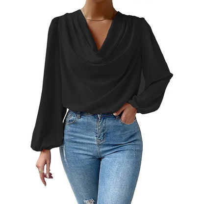 Long Sleeved Shirt Loose Draped V neck Top T shirt Women Clothing - Wanita Store