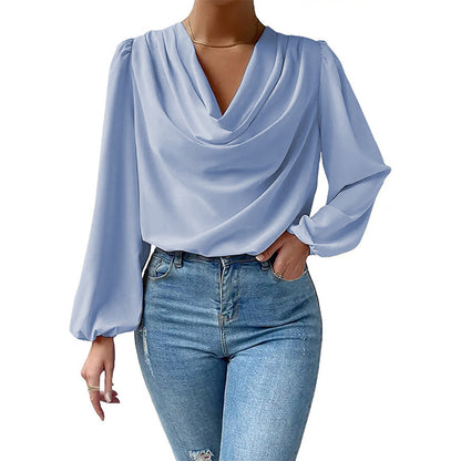 Long Sleeved Shirt Loose Draped V neck Top T shirt Women Clothing - Wanita Store