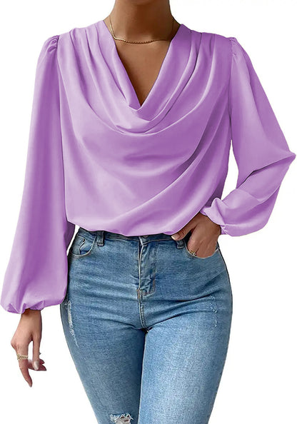 Long Sleeved Shirt Loose Draped V neck Top T shirt Women Clothing - Wanita Store