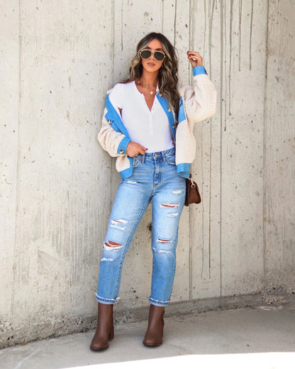 Fall Winter Simple New Mao Spell Denim Jacket Women - Wanita Store