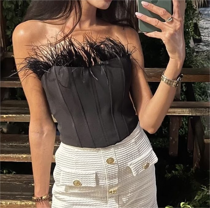Women Clothing French Sexy Feather Corset Top - Wanita Store