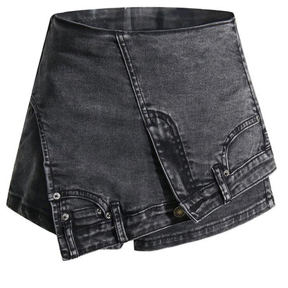 Personality Street Denim Stitching Shorts Autumn High Waist Irregular Asymmetric Washed Worn Jeans Women - Wanita Store