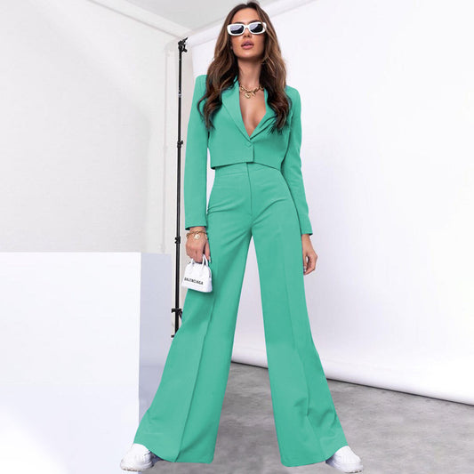 Autumn Winter Solid Color Short Long Sleeve High Waist Wide Leg Pants Set